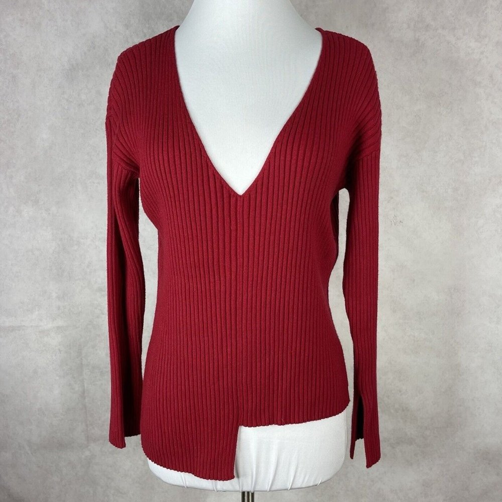 Lovers + Friends Red V-Neck Ribbed Uneven Hem Slit Cuff Knit Sweater Sz S